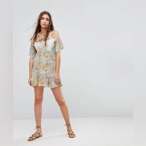 Maaji Cold Shoulder Teal Orange Lace Detail Swim Coverup Dress Size Large